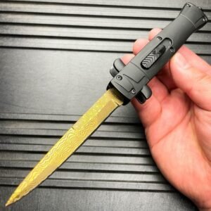 9 Zoll Automesser Italienisches Stiletto-Stil OTF-Messer Damascus Etch – Bild 8